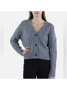 Vince Interlocking Cable Cashmere Blend Cardigan in Light Slate Tide Pool XL